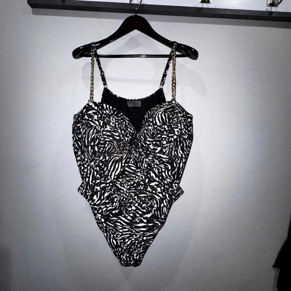ELOQUII Swim One Piece Black Brown White Animal Print Gold Chain Strap Sz 26 NWT